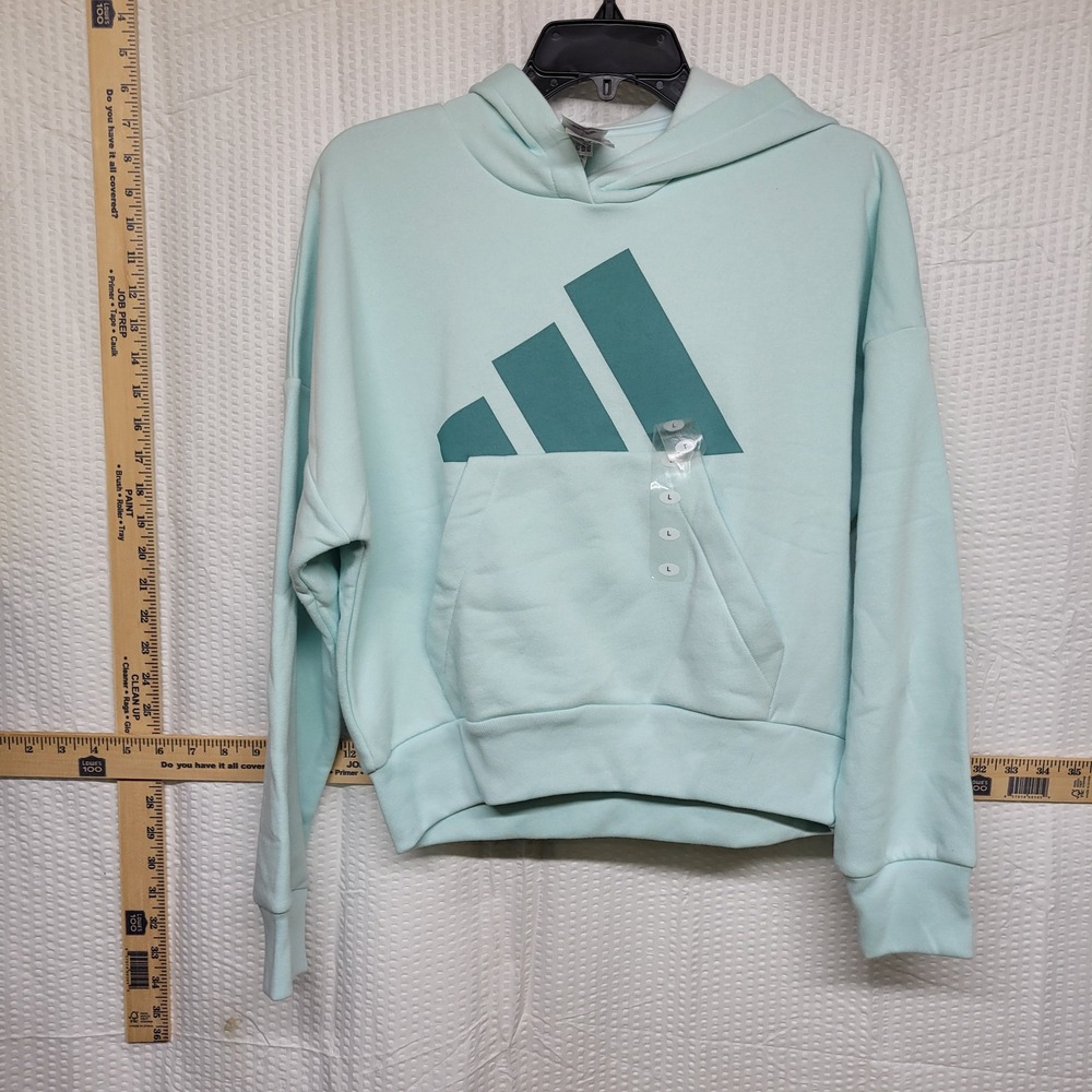 Adidas Girls Mint Green Loose Fit Pullover Hoodie 3-Bar Logo Size Large 14